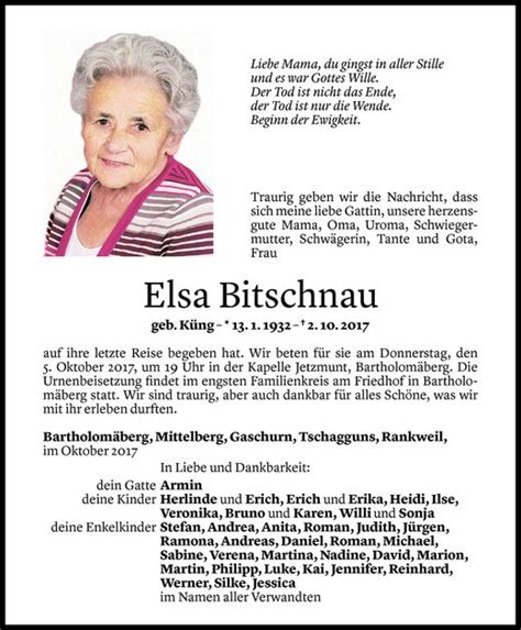 Todesanzeigen Von Elsa Bitschnau Todesanzeigen Vorarlberger Nachrichten