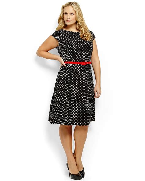 Anne Klein Plus Size Belted Polka Dot Swing Dress In Black Lyst