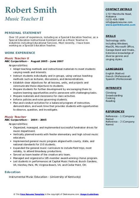 Resume Format For Music Teacher