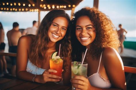 Premium Photo Happy Girls Having Fun At Beach Bar Party And Summer Concept Focus On Latin