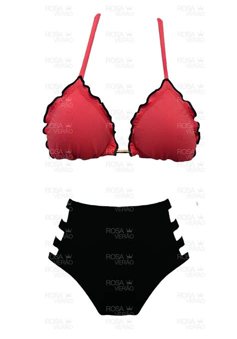 Biquíni Cintura Alta Recortes Hot Pants Coral e Preto Rosa Verão
