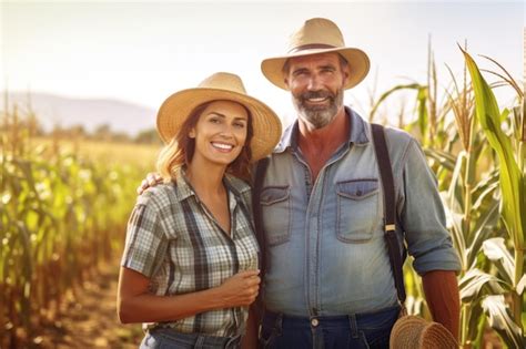 Retrato De Um Casal Adulto Feliz De Agricultores Em P Contra O Pano De