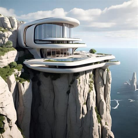 Premium Photo Futuristic House Precariously Balanced On A Limestone Cliff