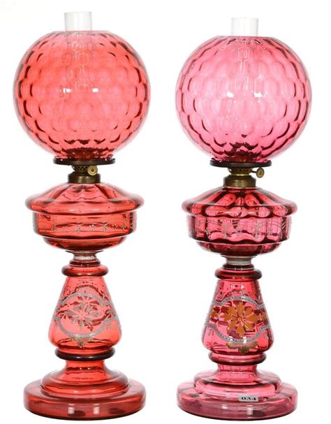 PAIR 17 1 2 CRANBERRY ART GLASS KEROSENE LAMPS Oct 03 2015 Woody