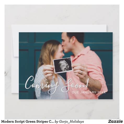 Modern Script Green Stripes Coming Soon Pregnancy Announcement Zazzle