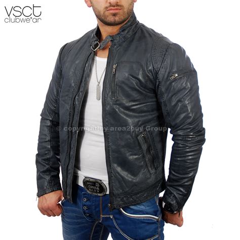 Vsct Clubwear Echt Lederjacke Winterjacke Biker Jacke Blau Grau Leder V