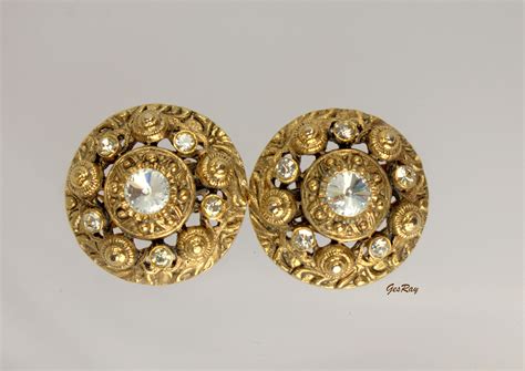 Vintage Carolee Gold Button Earrings Clip On Crystal Glass Etsy In