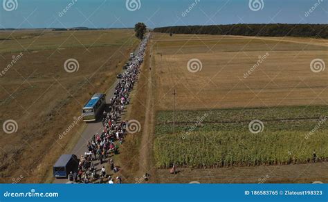 Orthodox Christians Go On A Religious Procession Top View Of The