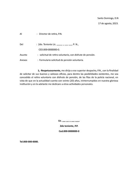 Carta PARA Solicitar LA Pension EN LA Policia Nacional Santo Domingo