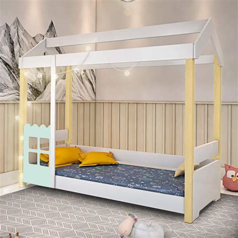 Cama Montessoriana Solteiro Casinha Led Branco Menta Divaloto