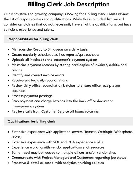 Billing Clerk Job Description Velvet Jobs