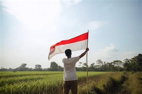 Un Hombre Que Sostiene Una Bandera Roja Y Blanca De Indonesia Encima De