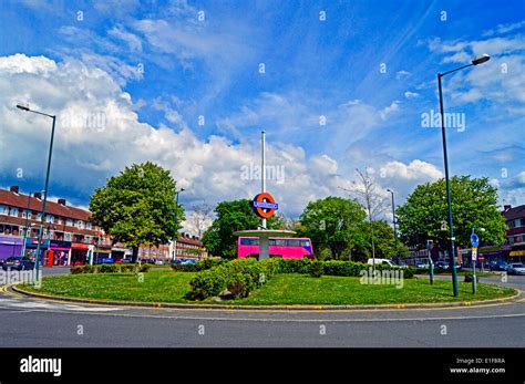 Roundabout opposite Queensbury Underground Station, London Borough of ...