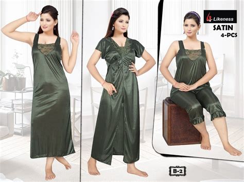 Solid Ladies Olive Green 4 Piece Satin Nighty Semi Stretchable At Rs 1069 Set In Varanasi