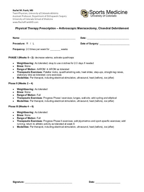 Fillable Online RMF PT Protocol Menisectomy Chondral Debridement Fax