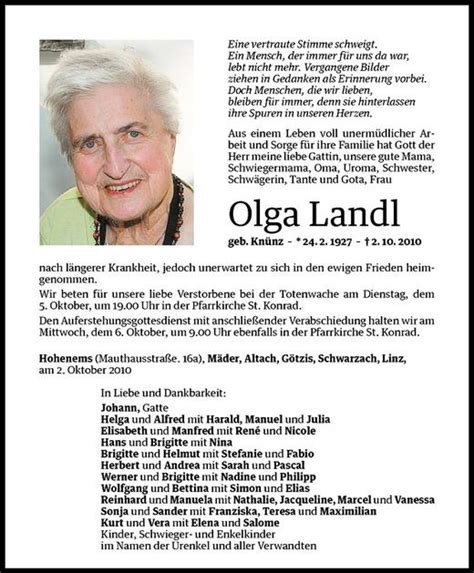 Todesanzeigen Von Olga Landl Todesanzeigen Vorarlberger Nachrichten