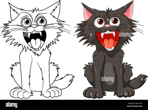 A vector cartoon illustration of a cat with an open mouth and sharp ...