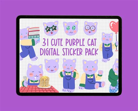 31 Cute Purple Cat Digital Sticker Pack Printable Stickers Etsy