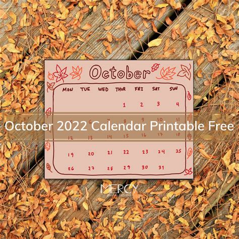 October 2022 Calendar Printable Free • Mercy Digital Designs