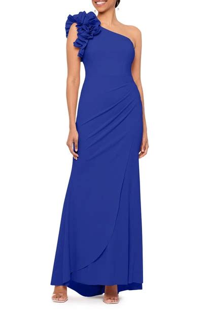 Xscape Ruffle One Shoulder Scuba Crepe Gown In Marine Modesens