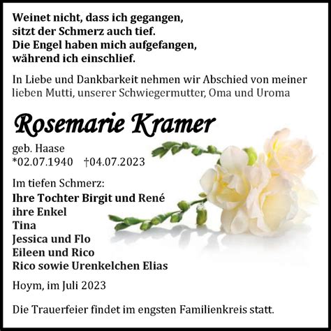 Traueranzeigen Von Rosemarie Kramer Abschied Nehmen De