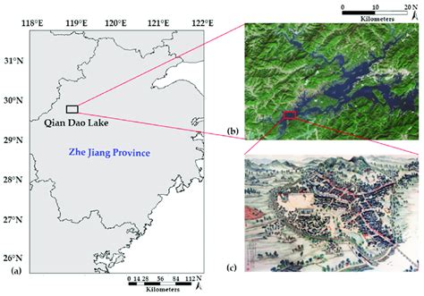 (a) Location of Qiandao Lake. (b) Satellite image of Qiandao Lake. (c ...