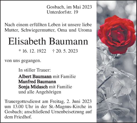 Traueranzeigen Von Elisabeth Baumann S Dwest Presse Trauer