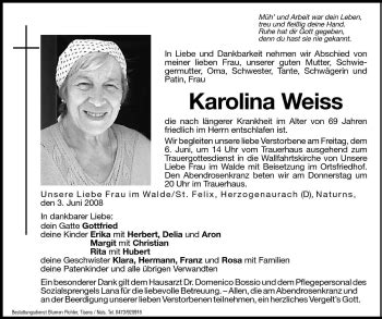 Traueranzeigen Von Karolina Weiss Trauer Bz