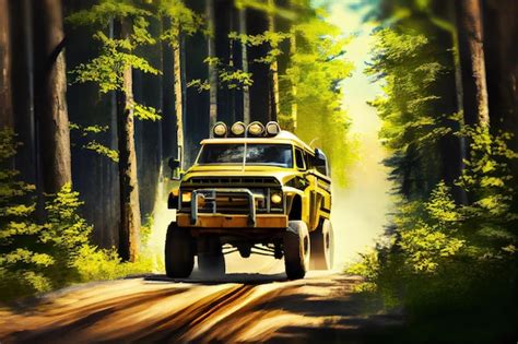 Premium Ai Image Fourwheel Drive Truck Speeding Past Towering Trees