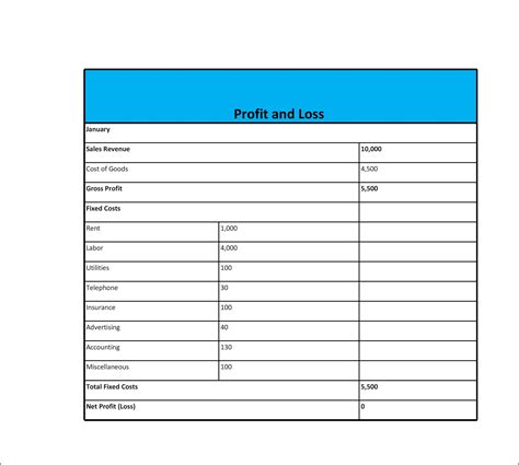 》free Printable Simple Profit And Loss Statement Template