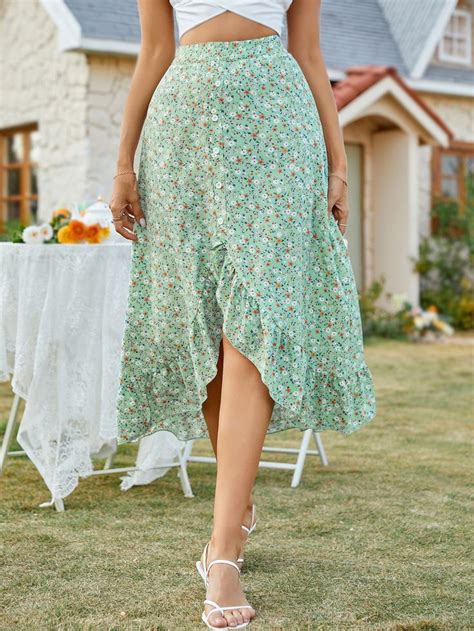 Ditsy Floral Asymmetrical Ruffle Hem Skirt