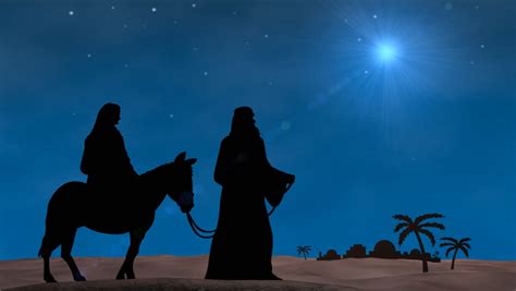 Star In Night Sky Above Bethlehem, With Silhouette Of Mary And Joseph ...