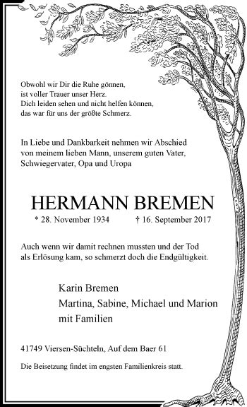 Traueranzeigen Von Hermann Bremen Trauer Und Gedenken