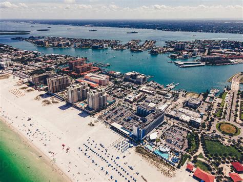 Scenic drone view of Clearwater coastal city with modern buildings near ...