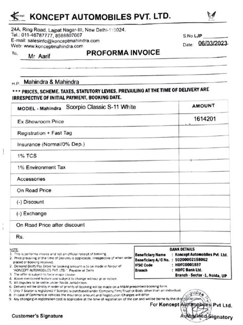 Proforma Invoice For The Purchase Of A Mahindra Scorpio Classic S 11