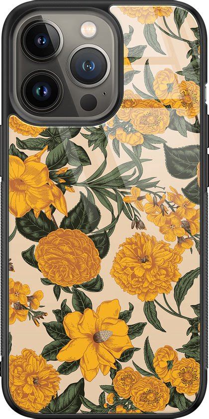 Apple Iphone Pro Max Hoesje Glas Retro Flowers Hard Case Zwart