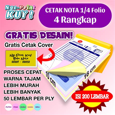 Jual TERMURAH Cetak Nota Kwitansi Bon 1 4 Folio 4 Rangkap Ply