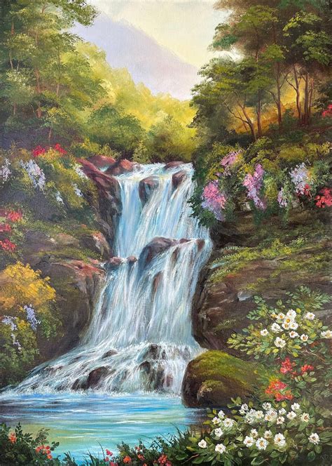 Tropical Waterfall Original Painting On Canvas Landscape Wall Art