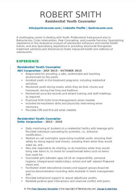 Residential Youth Counselor Resume Samples Qwikresume