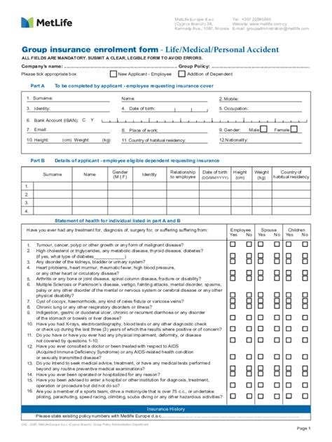 Fillable Online Group Insurance Enrolment Form Personal Accidents