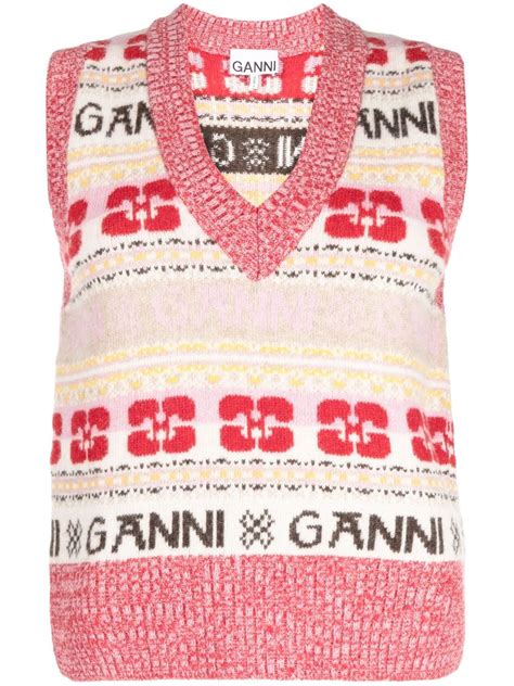 GANNI Intarsia Knit Logo Vest Pink FARFETCH