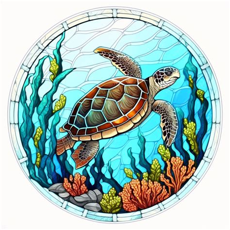 Premium AI Image | A close up of a stained glass window with a turtle