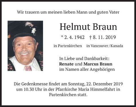 Traueranzeigen Von Helmut Braun Trauer Merkur De