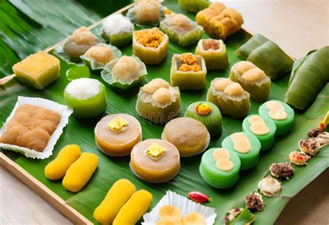 A Variety Of Traditional Malaysian Kuih On A Banana Leaf Platter Stock