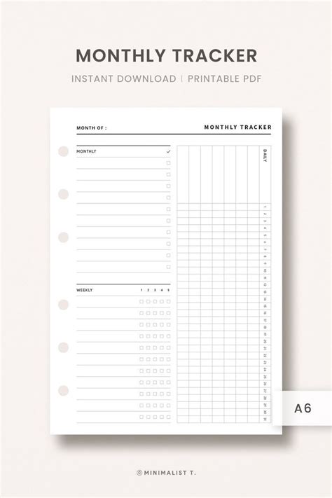 A6 Inserts Monthly Tracker Habit Tracker Printable Daily Habit