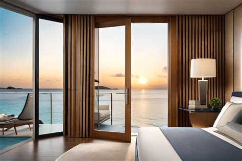 Premium Photo | A bedroom with a view of the ocean and a view of the ocean.