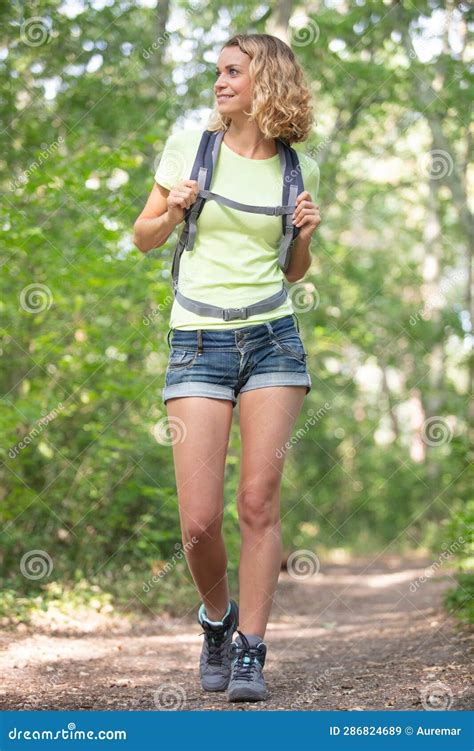 Happy Young Woman Hiker Hiking in Forest Stock Image - Image of life ...