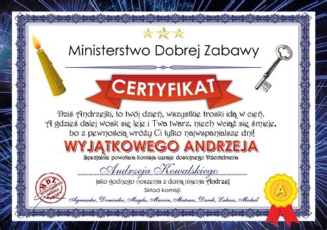 Certyfikat Wyjątkowego Andrzeja Oryginalny prezent na Andrzejki