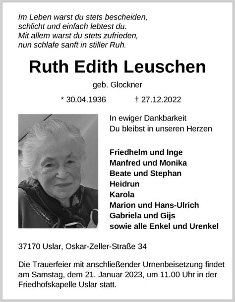 Traueranzeigen Von Ruth Edith Leuschen Trauer HNA De