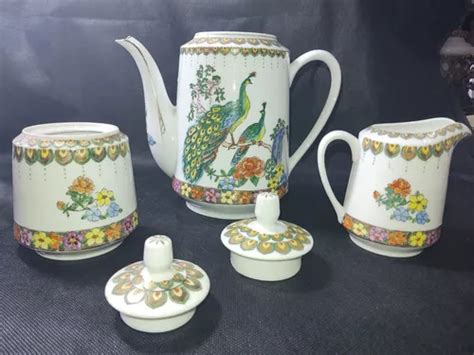 Antigo Trio Chá Em Porcelana Casca Ovo Pintada A Mão Pavão